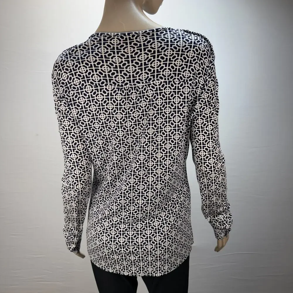 Tory Burch Geometric Print Jersey Henley Top‎ Shirt Size L Gold Logo Buttons
